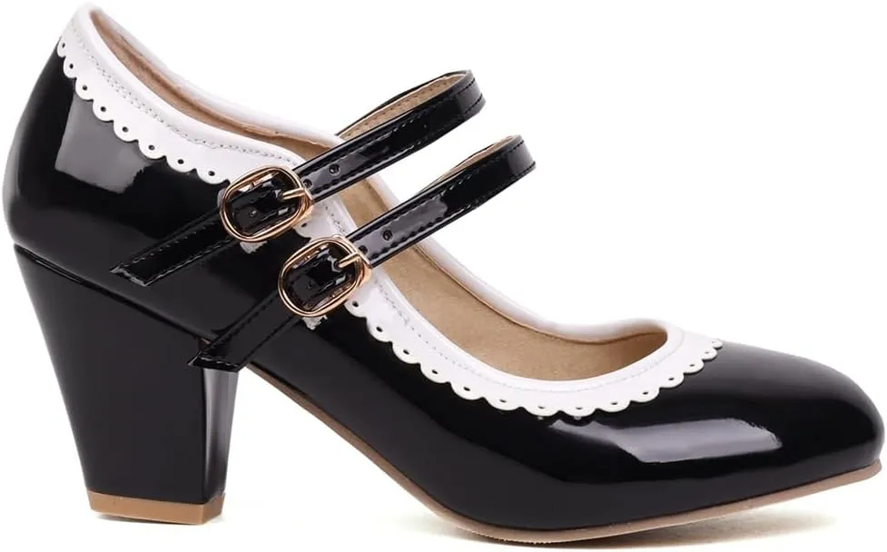 Women's Chunky Block High Heels Mary Jane Pumps Shoes Round Toe Two Toned Wedding Party Dress Shoes