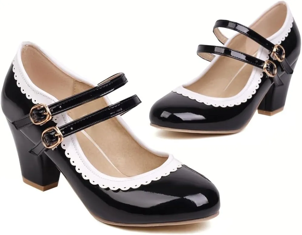 Women's Chunky Block High Heels Mary Jane Pumps Shoes Round Toe Two Toned Wedding Party Dress Shoes