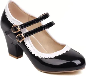 Women's Chunky Block High Heels Mary Jane Pumps Shoes Round Toe Two Toned Wedding Party Dress Shoes