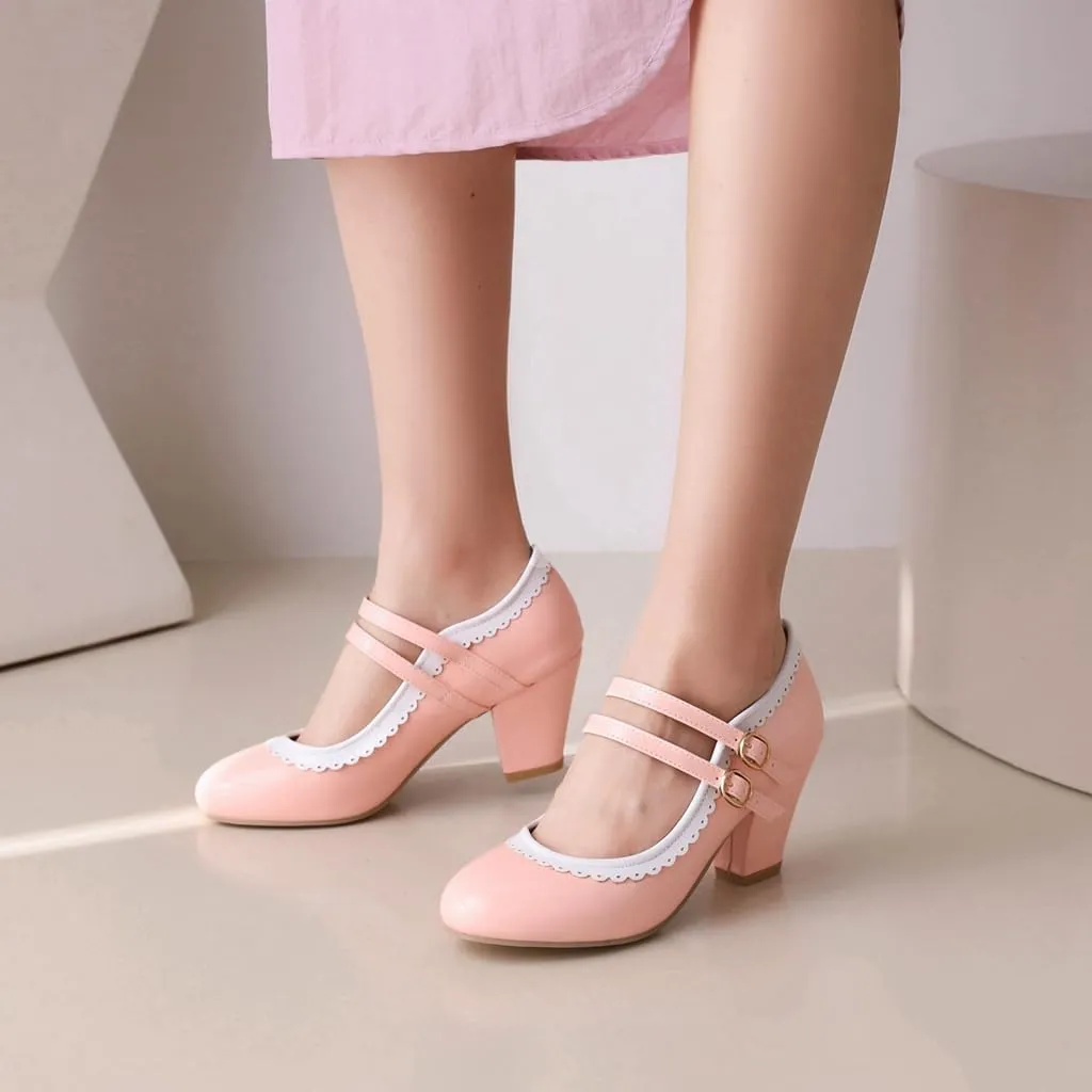 Women's Chunky Block High Heels Mary Jane Pumps Shoes Round Toe Two Toned Wedding Party Dress Shoes