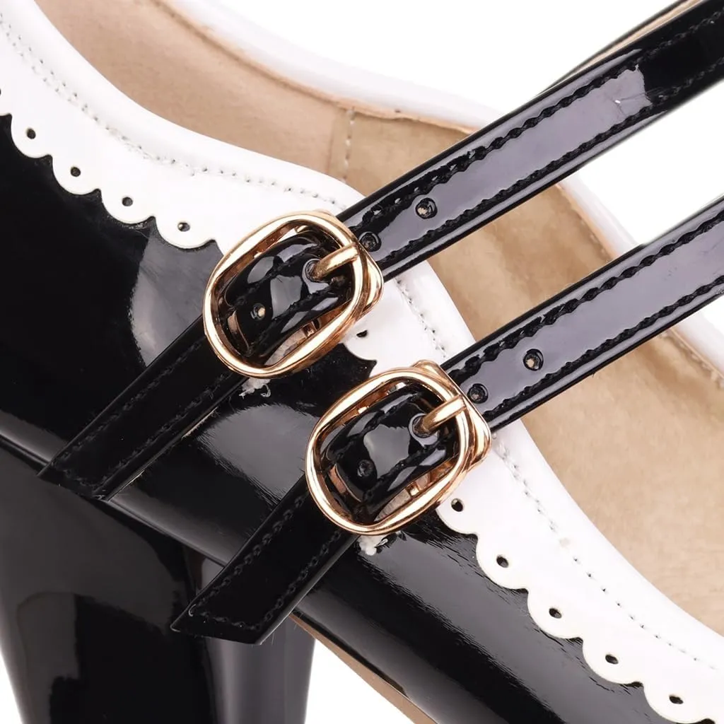 Women's Chunky Block High Heels Mary Jane Pumps Shoes Round Toe Two Toned Wedding Party Dress Shoes