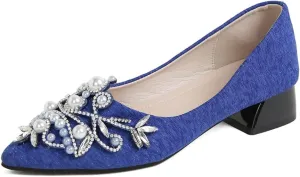 Women's Chunky Heel Comfortable Work Shoes Rhinestones Pearl Dress Wedding Pumps for Women - 1.18Inches Height