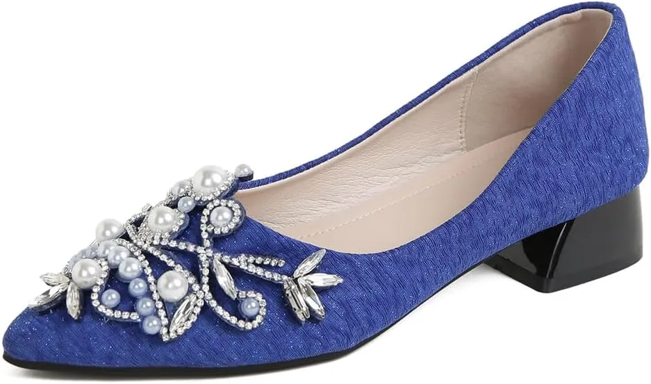 Women's Chunky Heel Comfortable Work Shoes Rhinestones Pearl Dress Wedding Pumps for Women - 1.18Inches Height
