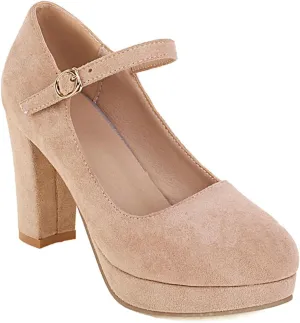 Women's Chunky High Heels Pumps Shoes Round Toe Platform Suede Buckle Strap Mary Jane Dressy Shoe