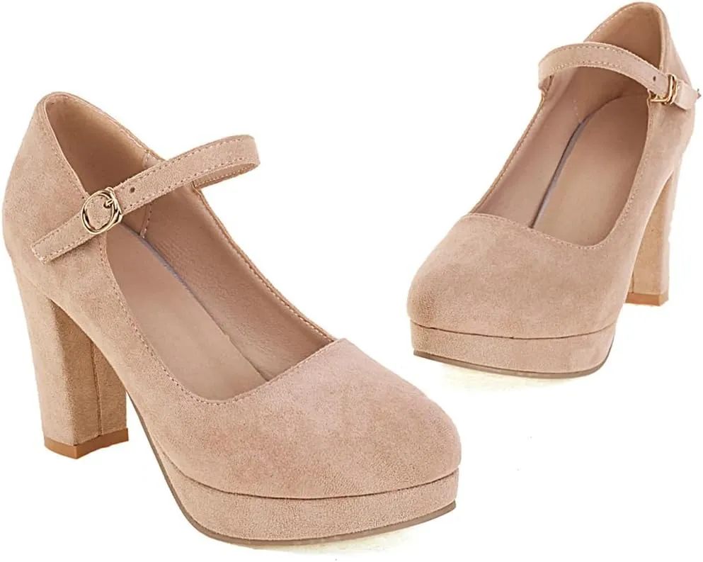 Women's Chunky High Heels Pumps Shoes Round Toe Platform Suede Buckle Strap Mary Jane Dressy Shoe