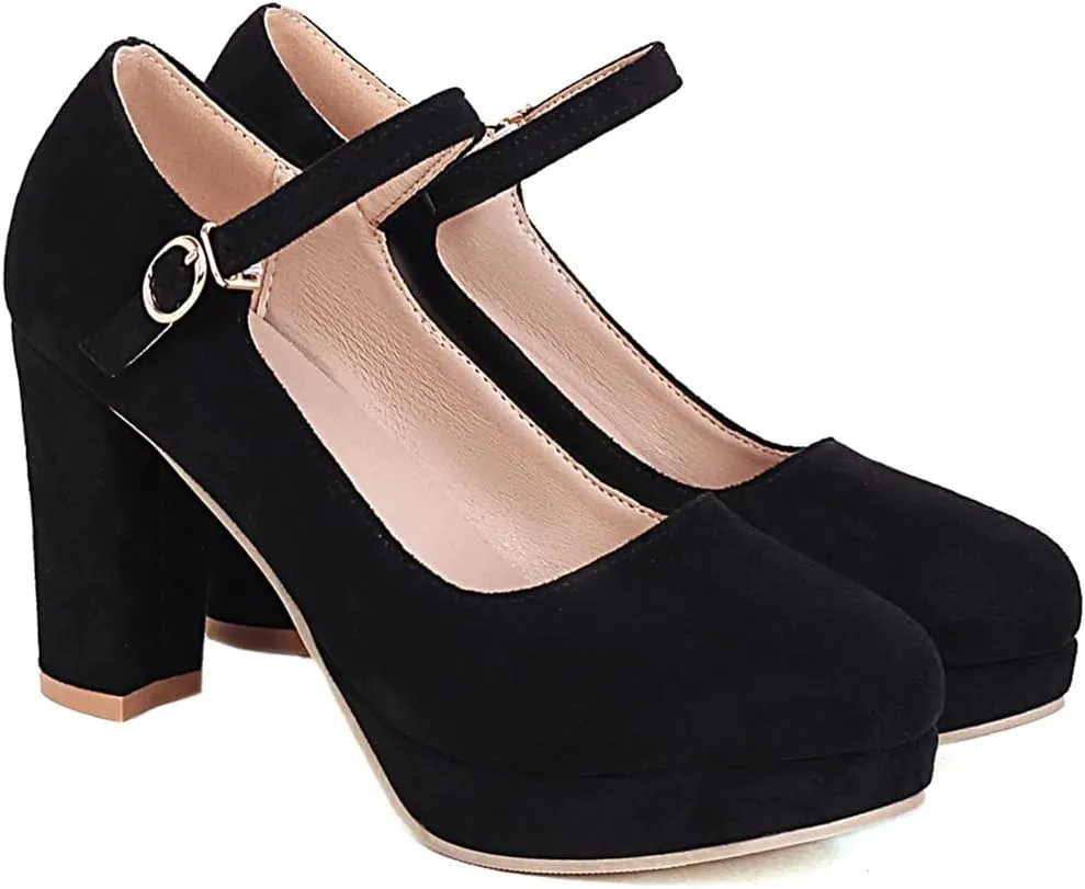 Women's Chunky High Heels Pumps Shoes Round Toe Platform Suede Buckle Strap Mary Jane Dressy Shoe