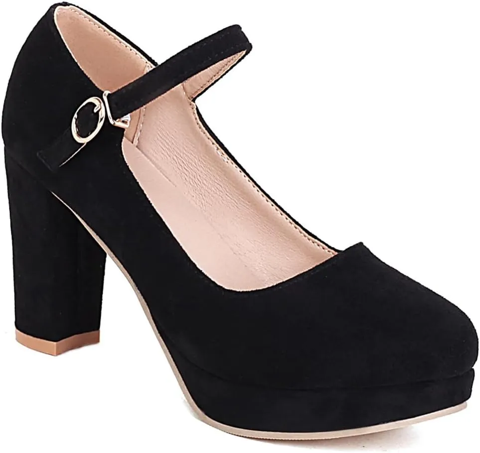 Women's Chunky High Heels Pumps Shoes Round Toe Platform Suede Buckle Strap Mary Jane Dressy Shoe