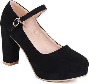 Women's Chunky High Heels Pumps Shoes Round Toe Platform Suede Buckle Strap Mary Jane Dressy Shoe