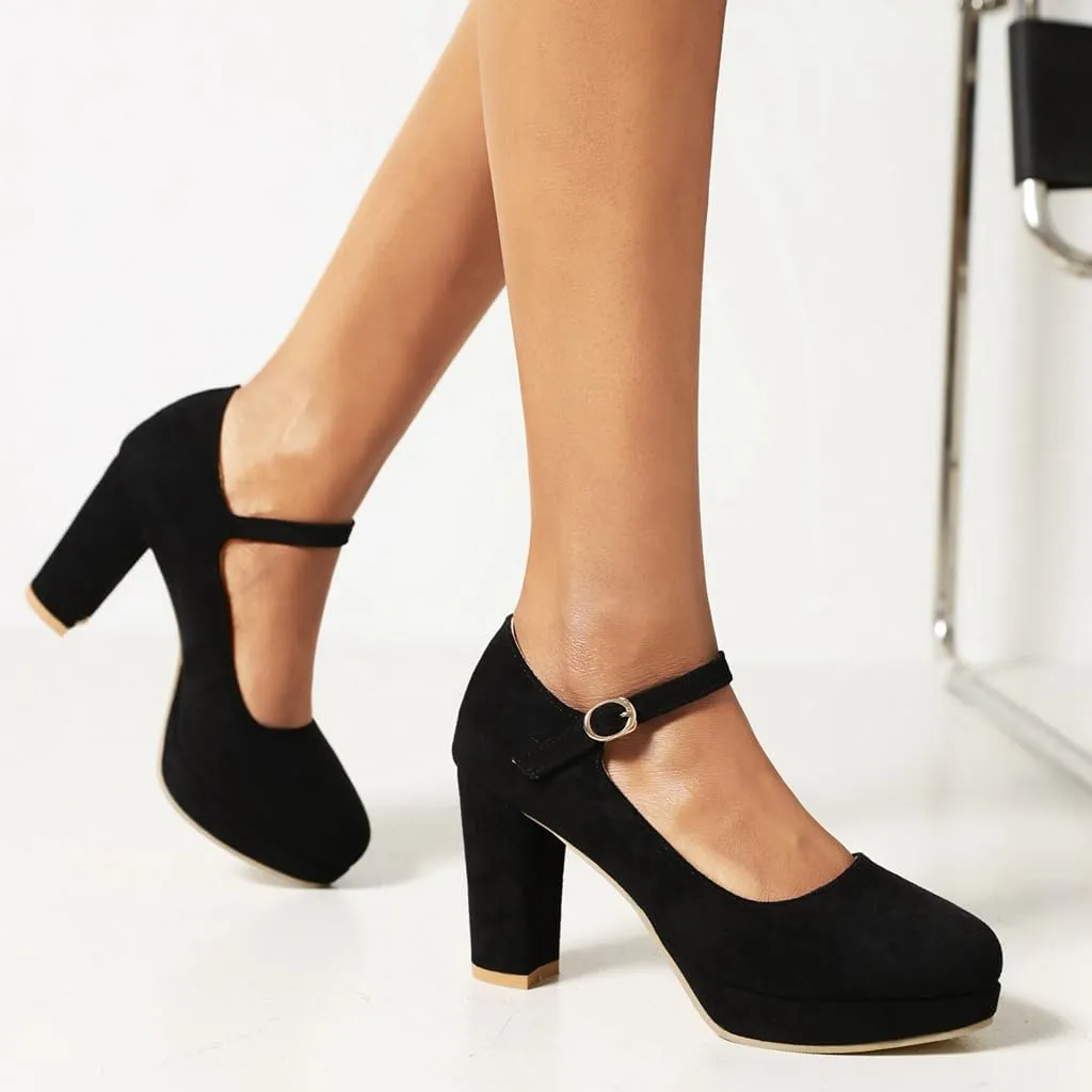 Women's Chunky High Heels Pumps Shoes Round Toe Platform Suede Buckle Strap Mary Jane Dressy Shoe