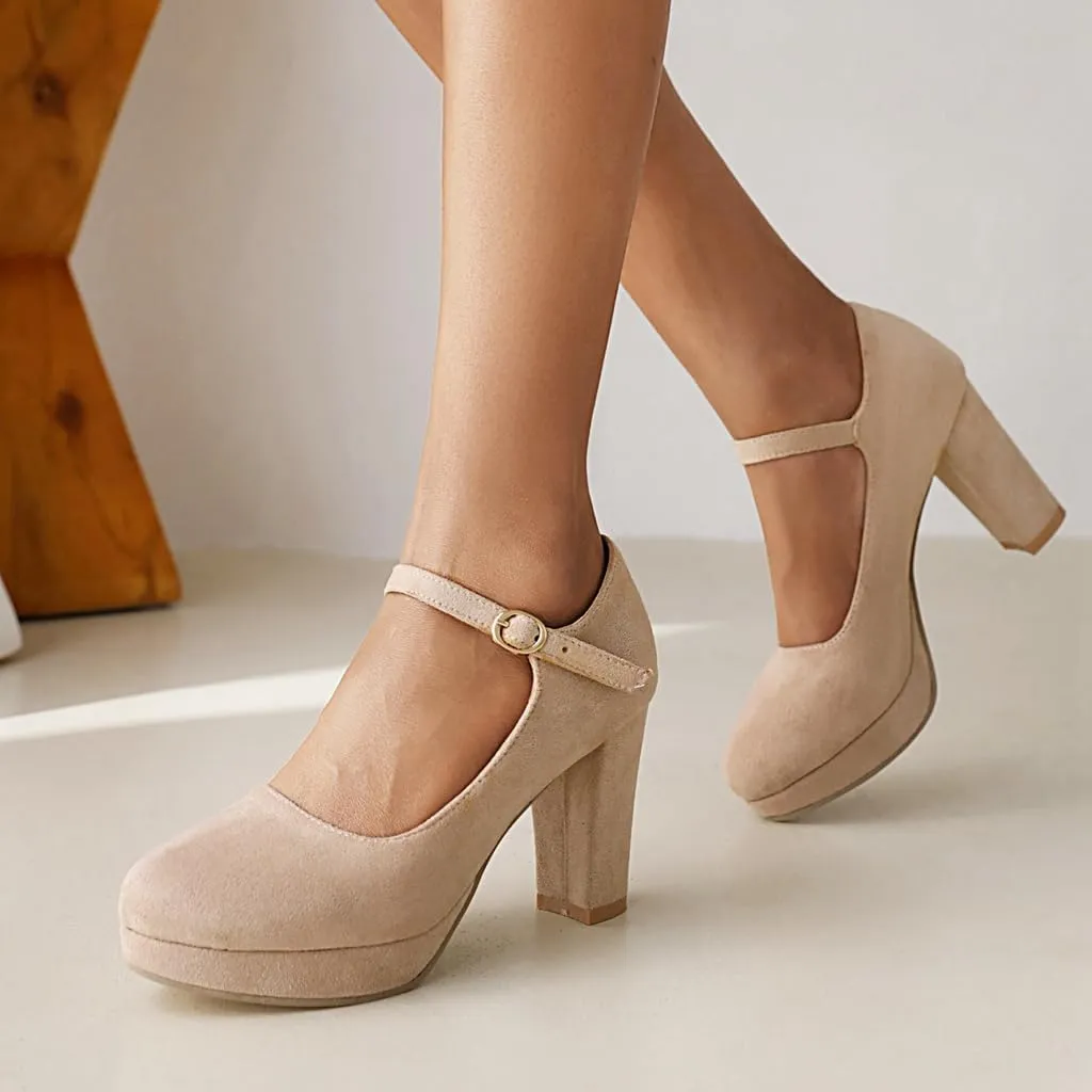 Women's Chunky High Heels Pumps Shoes Round Toe Platform Suede Buckle Strap Mary Jane Dressy Shoe