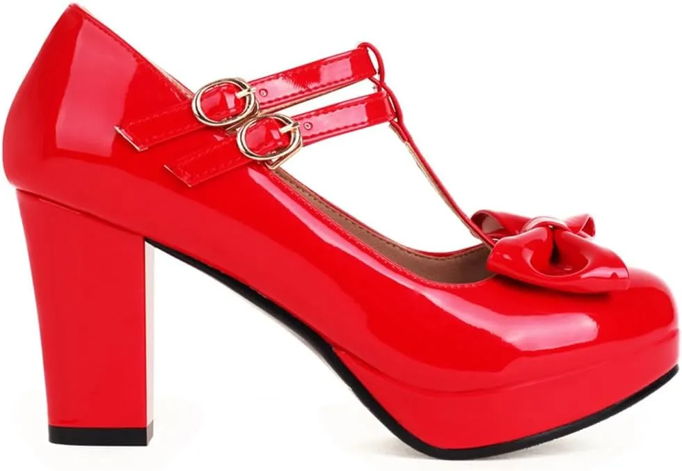 Women's Chunky High Heels T-Strap Bow Mary Jane Pumps Shoes Round Toe Platform Wedding Party Dress Shoe
