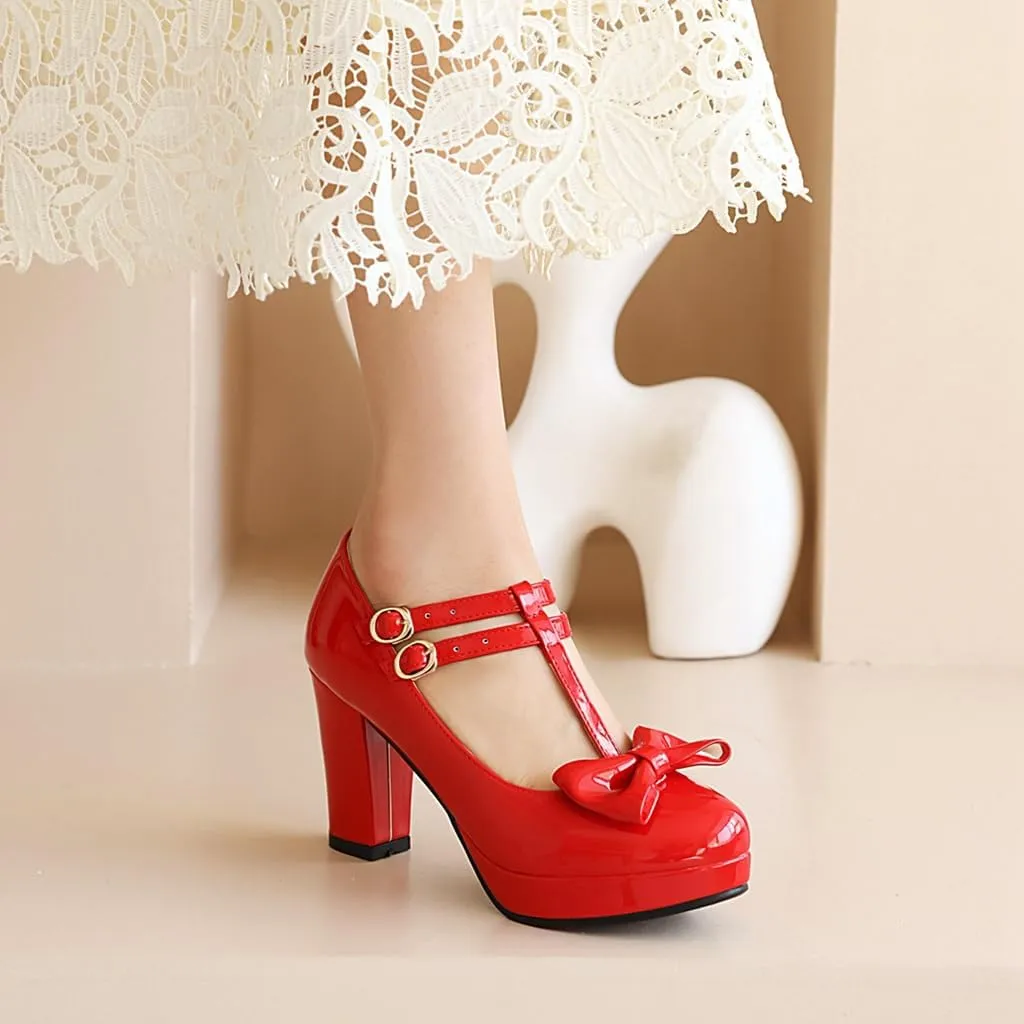 Women's Chunky High Heels T-Strap Bow Mary Jane Pumps Shoes Round Toe Platform Wedding Party Dress Shoe