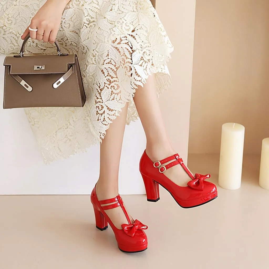 Women's Chunky High Heels T-Strap Bow Mary Jane Pumps Shoes Round Toe Platform Wedding Party Dress Shoe