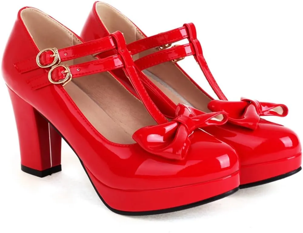 Women's Chunky High Heels T-Strap Bow Mary Jane Pumps Shoes Round Toe Platform Wedding Party Dress Shoe