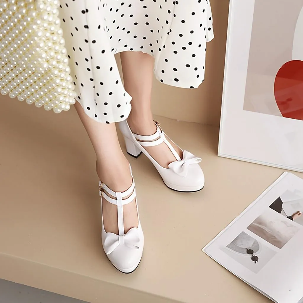 Women's Chunky High Heels T-Strap Bow Mary Jane Pumps Shoes Round Toe Platform Wedding Party Dress Shoe