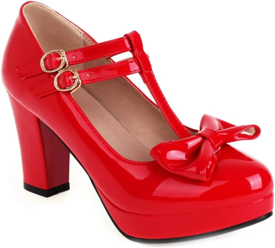 Women's Chunky High Heels T-Strap Bow Mary Jane Pumps Shoes Round Toe Platform Wedding Party Dress Shoe