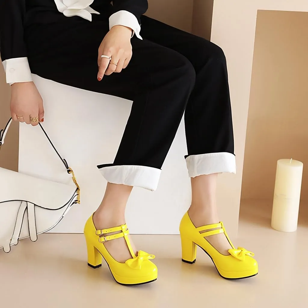 Women's Chunky High Heels T-Strap Bow Mary Jane Pumps Shoes Round Toe Platform Wedding Party Dress Shoe