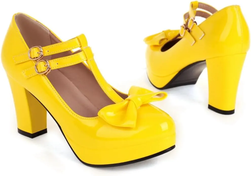 Women's Chunky High Heels T-Strap Bow Mary Jane Pumps Shoes Round Toe Platform Wedding Party Dress Shoe