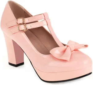Women's Chunky High Heels T-Strap Bow Mary Jane Pumps Shoes Round Toe Platform Wedding Party Dress Shoe