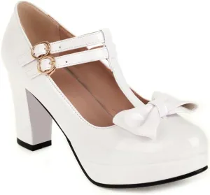 Women's Chunky High Heels T-Strap Bow Mary Jane Pumps Shoes Round Toe Platform Wedding Party Dress Shoe
