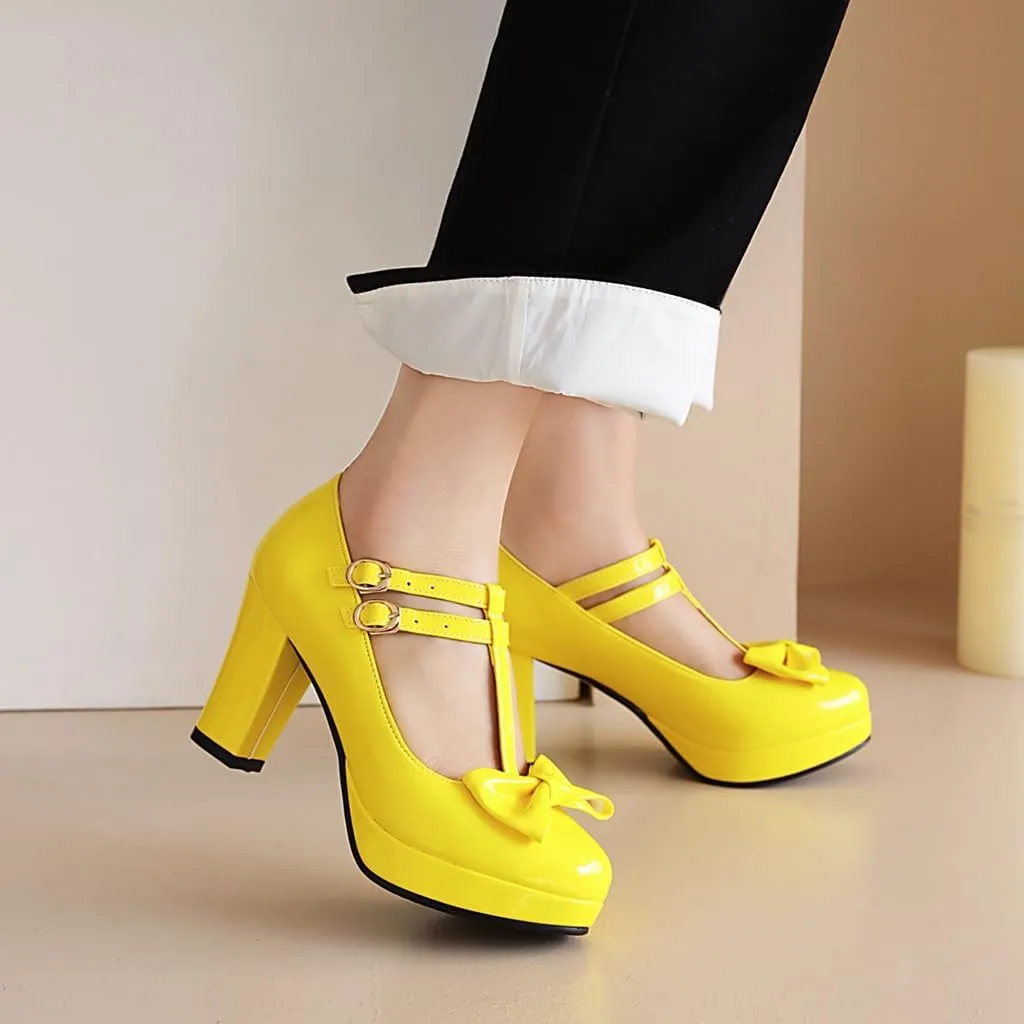 Women's Chunky High Heels T-Strap Bow Mary Jane Pumps Shoes Round Toe Platform Wedding Party Dress Shoe