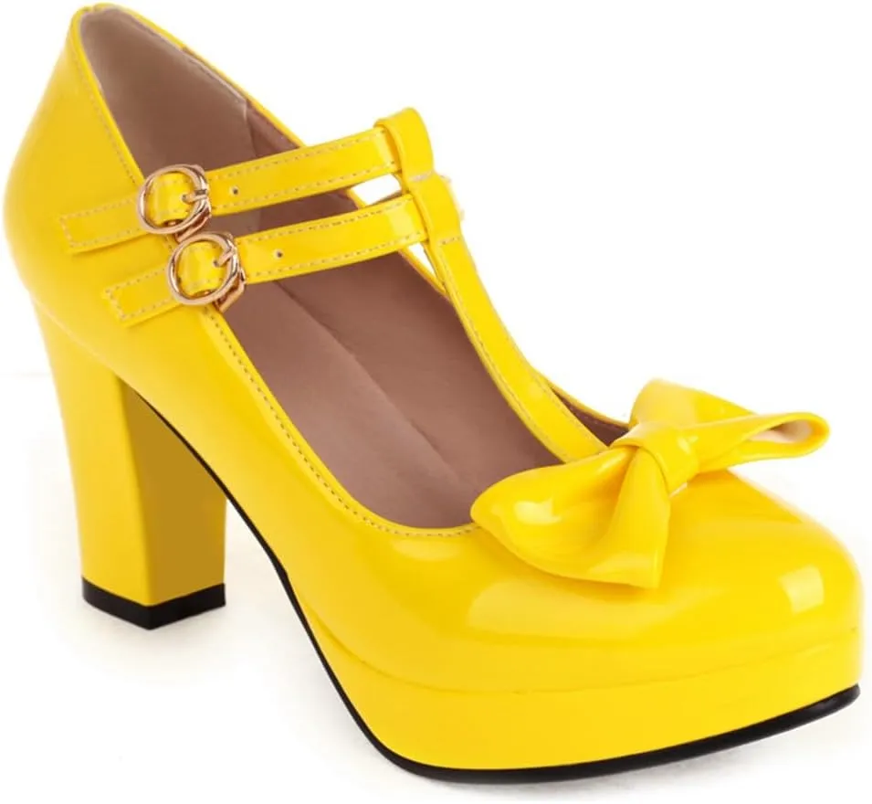 Women's Chunky High Heels T-Strap Bow Mary Jane Pumps Shoes Round Toe Platform Wedding Party Dress Shoe