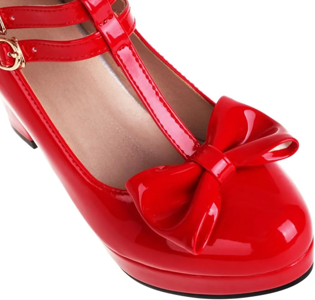 Women's Chunky High Heels T-Strap Bow Mary Jane Pumps Shoes Round Toe Platform Wedding Party Dress Shoe