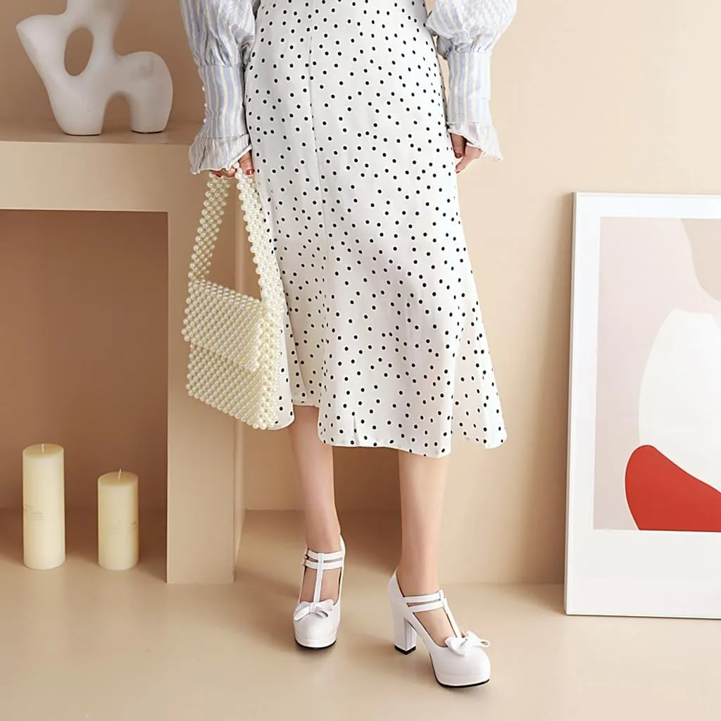 Women's Chunky High Heels T-Strap Bow Mary Jane Pumps Shoes Round Toe Platform Wedding Party Dress Shoe