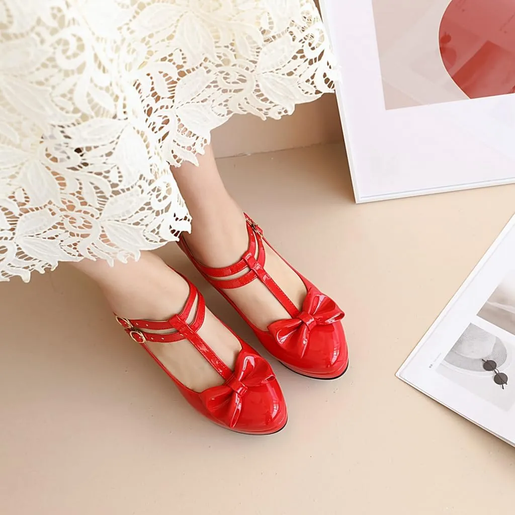 Women's Chunky High Heels T-Strap Bow Mary Jane Pumps Shoes Round Toe Platform Wedding Party Dress Shoe