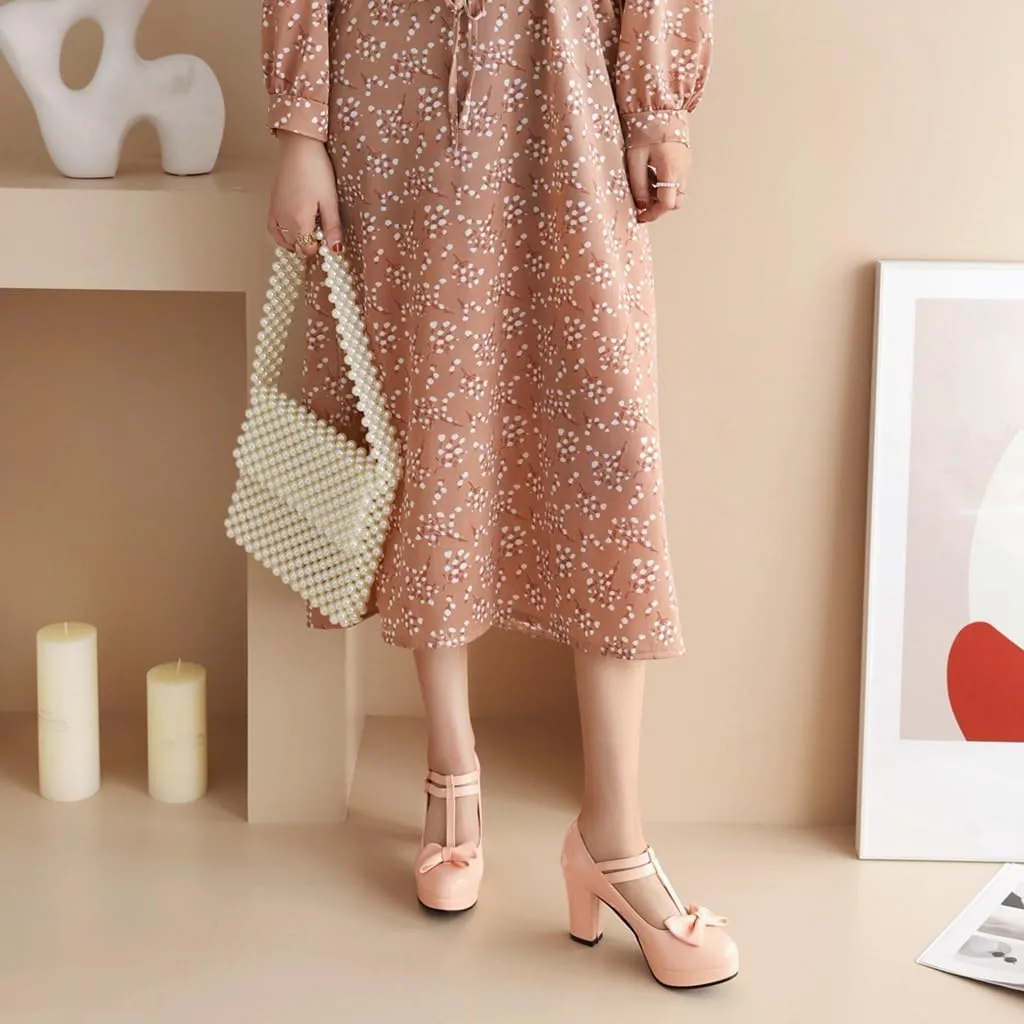 Women's Chunky High Heels T-Strap Bow Mary Jane Pumps Shoes Round Toe Platform Wedding Party Dress Shoe