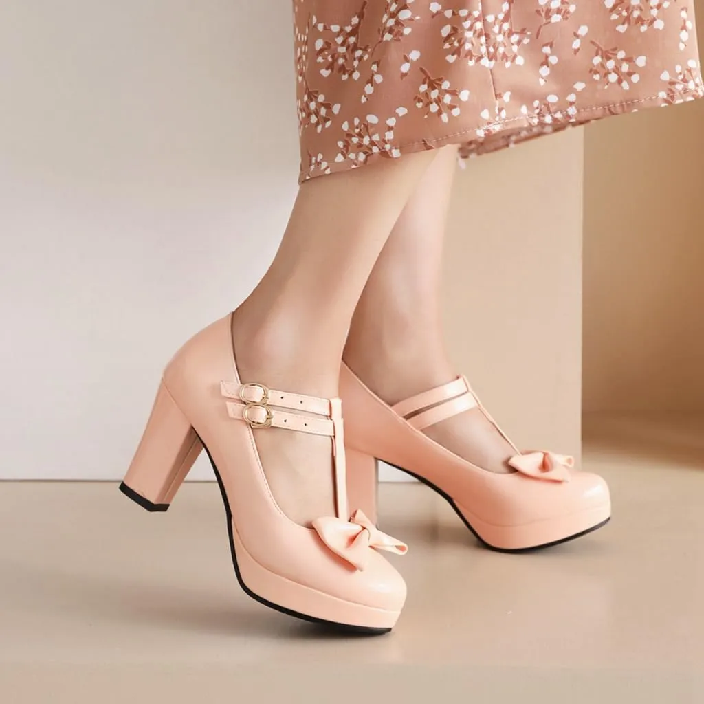 Women's Chunky High Heels T-Strap Bow Mary Jane Pumps Shoes Round Toe Platform Wedding Party Dress Shoe