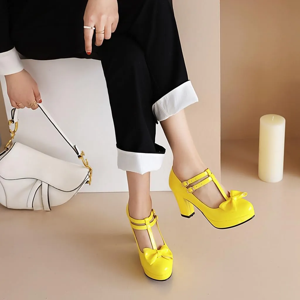 Women's Chunky High Heels T-Strap Bow Mary Jane Pumps Shoes Round Toe Platform Wedding Party Dress Shoe