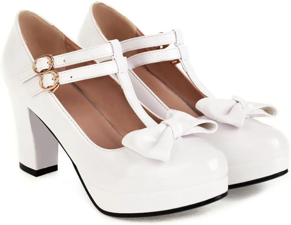 Women's Chunky High Heels T-Strap Bow Mary Jane Pumps Shoes Round Toe Platform Wedding Party Dress Shoe