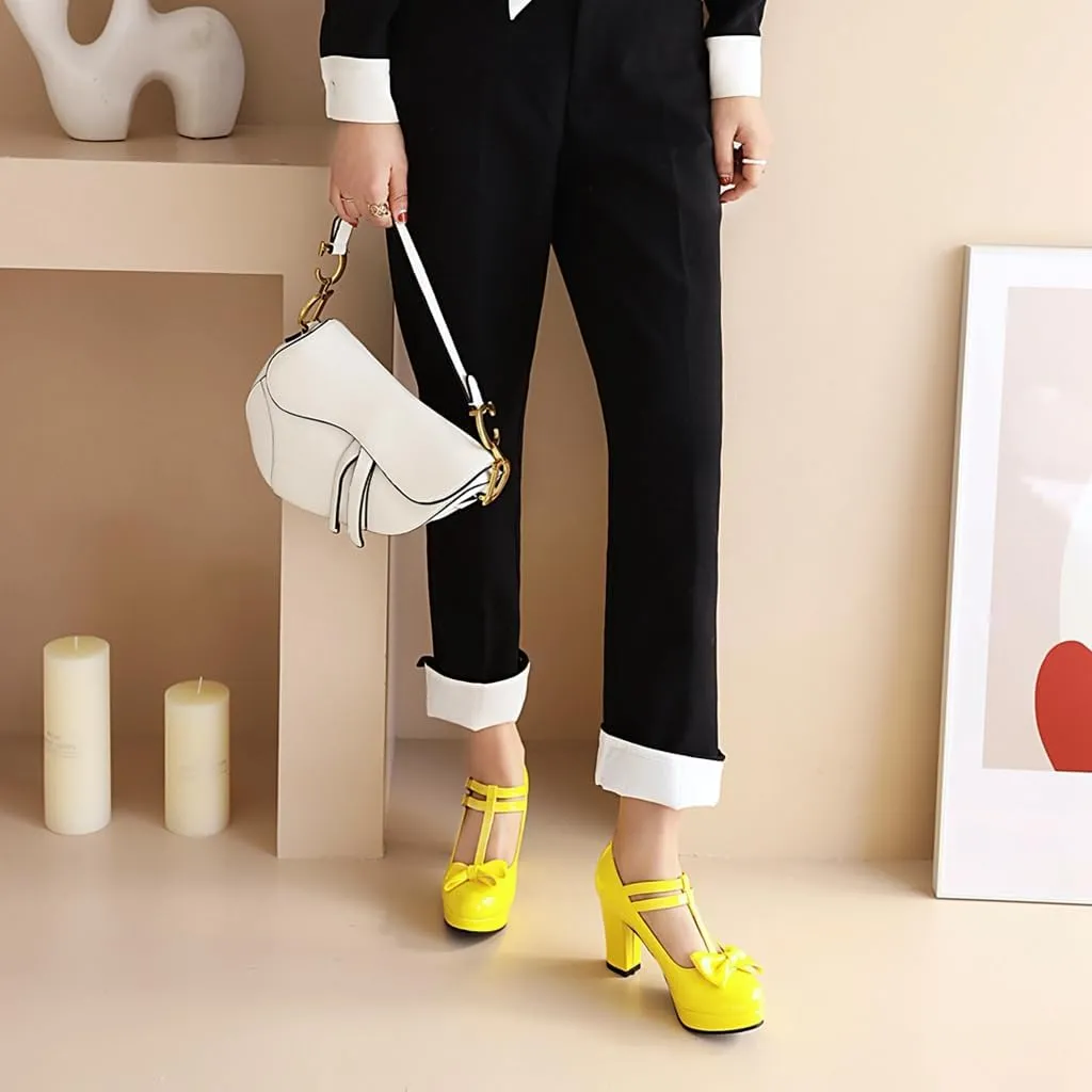 Women's Chunky High Heels T-Strap Bow Mary Jane Pumps Shoes Round Toe Platform Wedding Party Dress Shoe