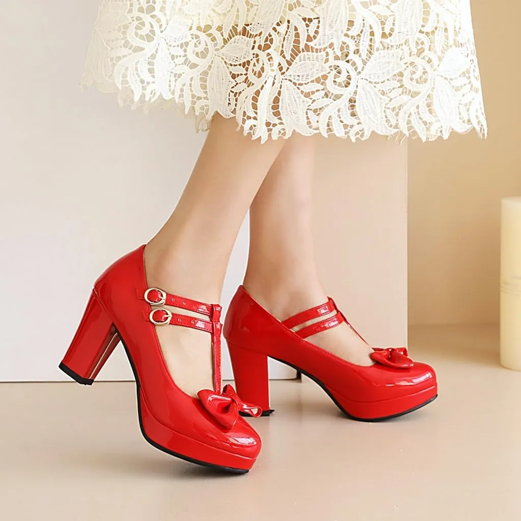 Women's Chunky High Heels T-Strap Bow Mary Jane Pumps Shoes Round Toe Platform Wedding Party Dress Shoe