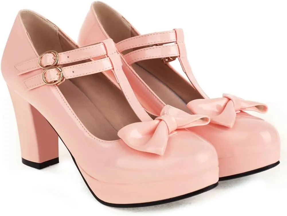 Women's Chunky High Heels T-Strap Bow Mary Jane Pumps Shoes Round Toe Platform Wedding Party Dress Shoe