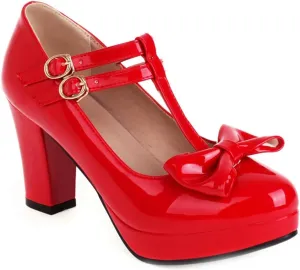 Women's Chunky High Heels T-Strap Bow Mary Jane Pumps Shoes Round Toe Platform Wedding Party Dress Shoe