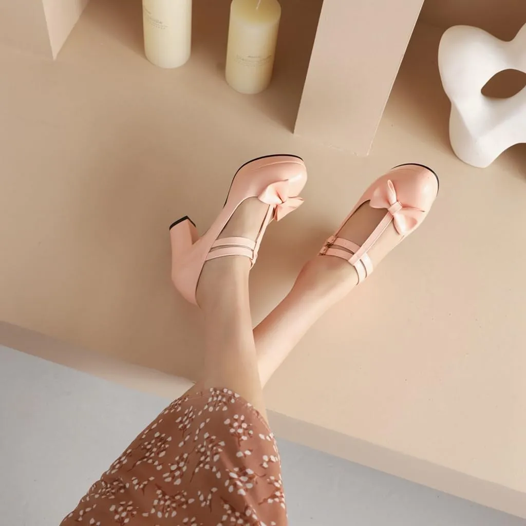 Women's Chunky High Heels T-Strap Bow Mary Jane Pumps Shoes Round Toe Platform Wedding Party Dress Shoe
