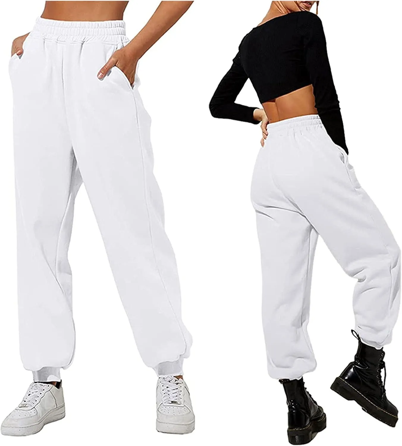 Women's Cinch Bottom Sweatpants Pockets High Waist Sporty Gym Athletic Fit Jogger Pants Lounge Trousers