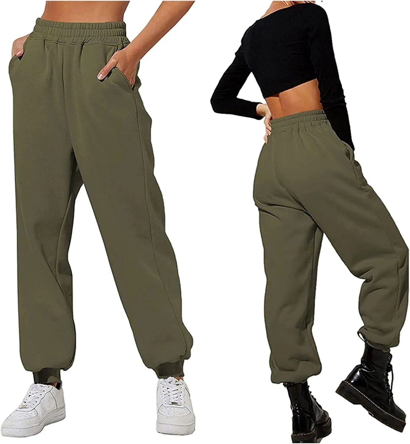Women's Cinch Bottom Sweatpants Pockets High Waist Sporty Gym Athletic Fit Jogger Pants Lounge Trousers