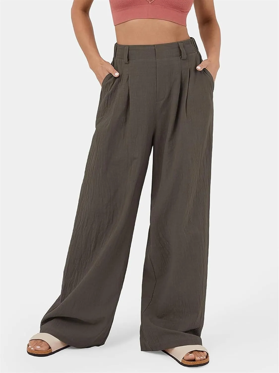 Womens Classic Fit Straight Leg Suit Pants Loose High Elastic Waisted Business Casual Long Trousers Office Dress Pants