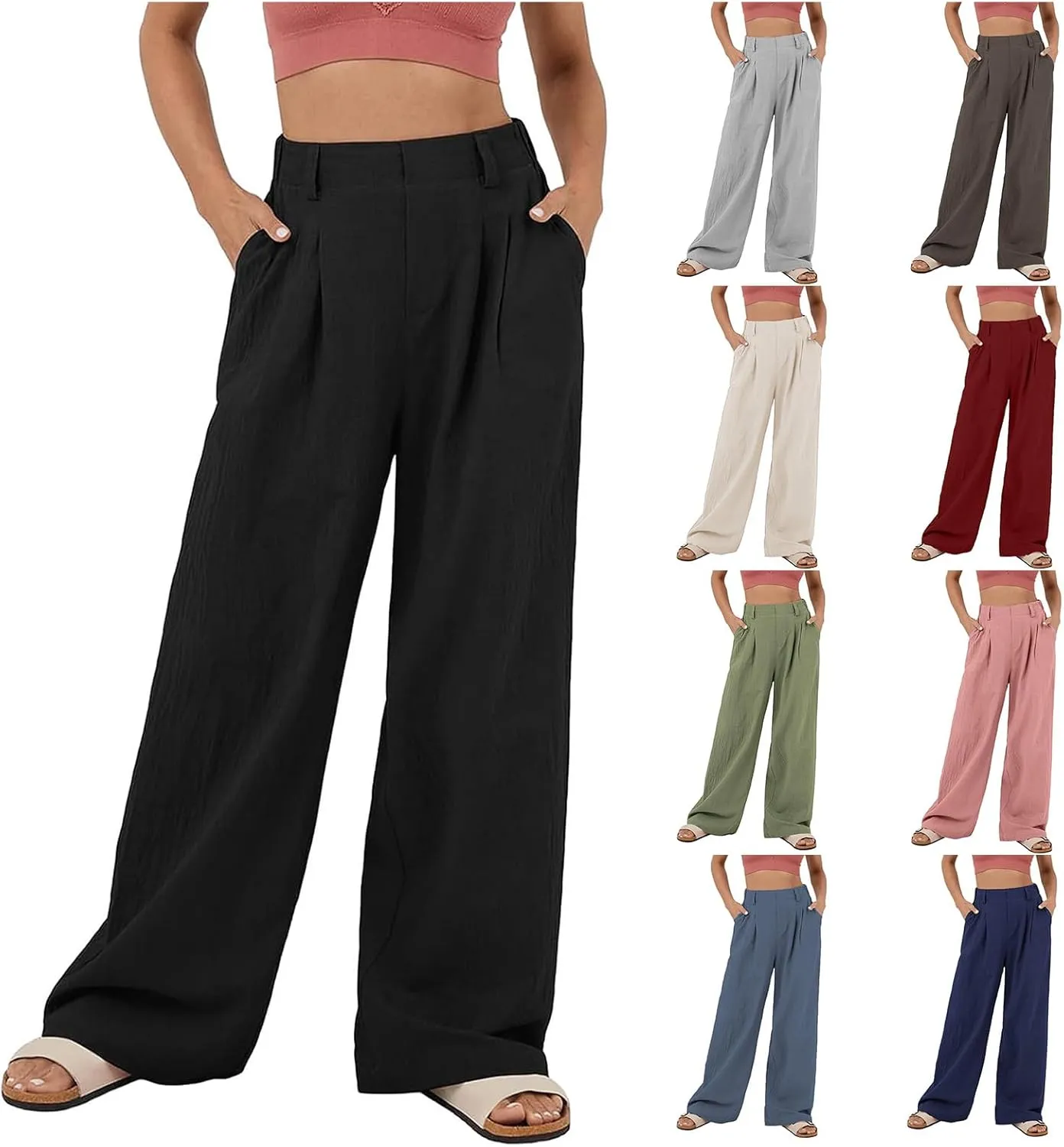 Womens Classic Fit Straight Leg Suit Pants Loose High Elastic Waisted Business Casual Long Trousers Office Dress Pants