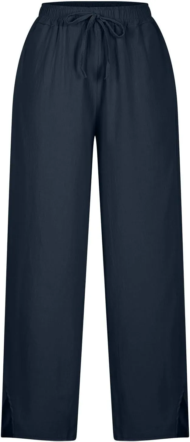Women's Cotton Linen Drawstring High Waisted Pants Lounge Beach Summer Palazzo Casual Loose Fit Wide Leg Trousers