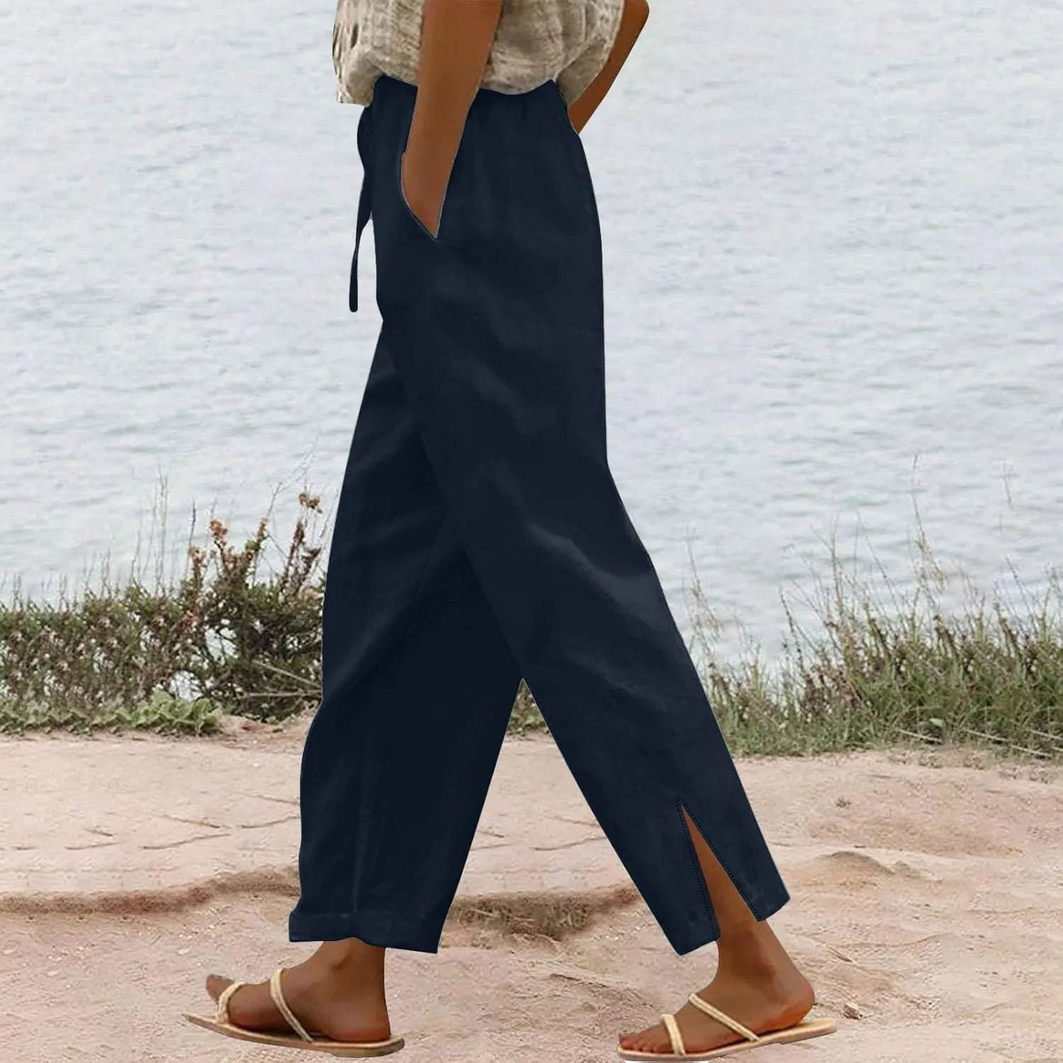 Women's Cotton Linen Drawstring High Waisted Pants Lounge Beach Summer Palazzo Casual Loose Fit Wide Leg Trousers