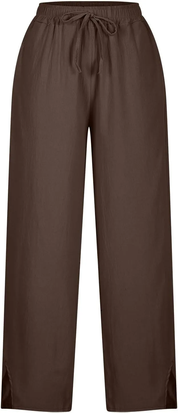 Women's Cotton Linen Drawstring High Waisted Pants Lounge Beach Summer Palazzo Casual Loose Fit Wide Leg Trousers