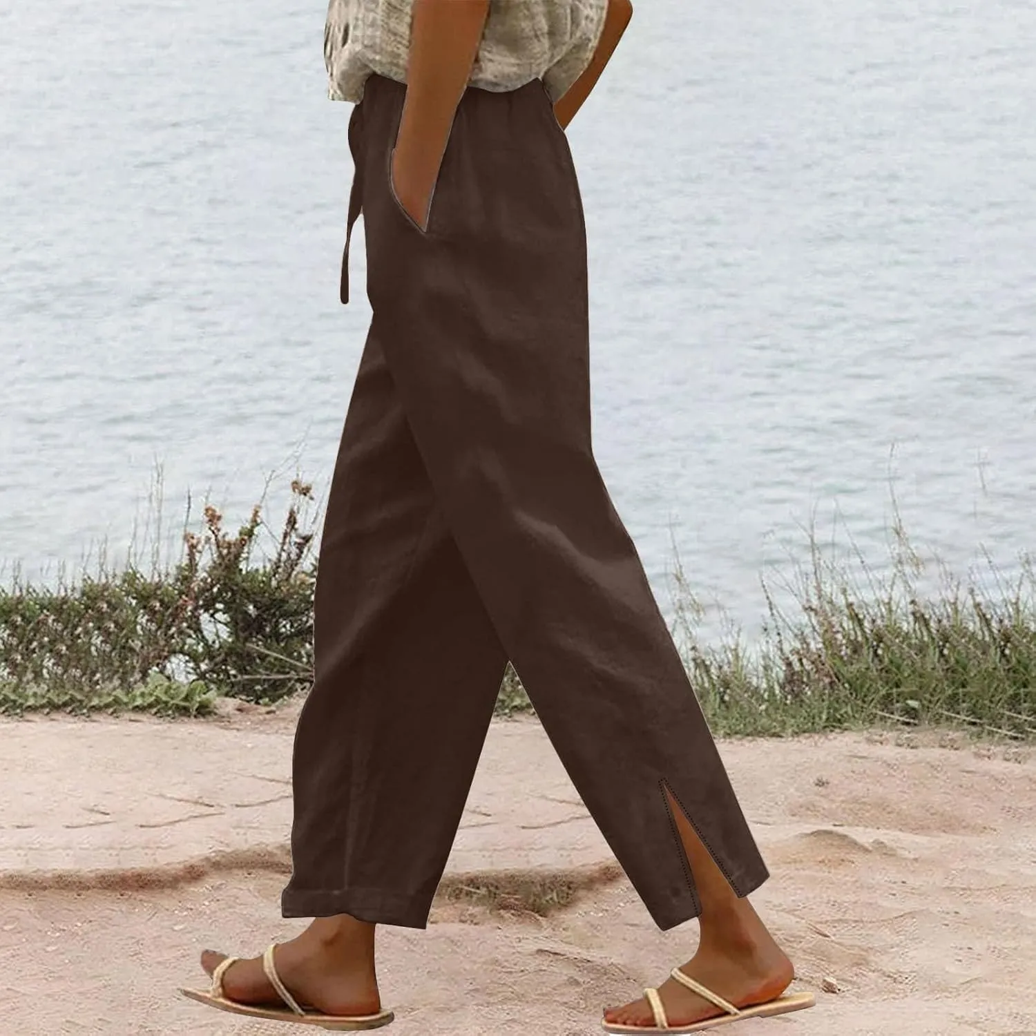 Women's Cotton Linen Drawstring High Waisted Pants Lounge Beach Summer Palazzo Casual Loose Fit Wide Leg Trousers