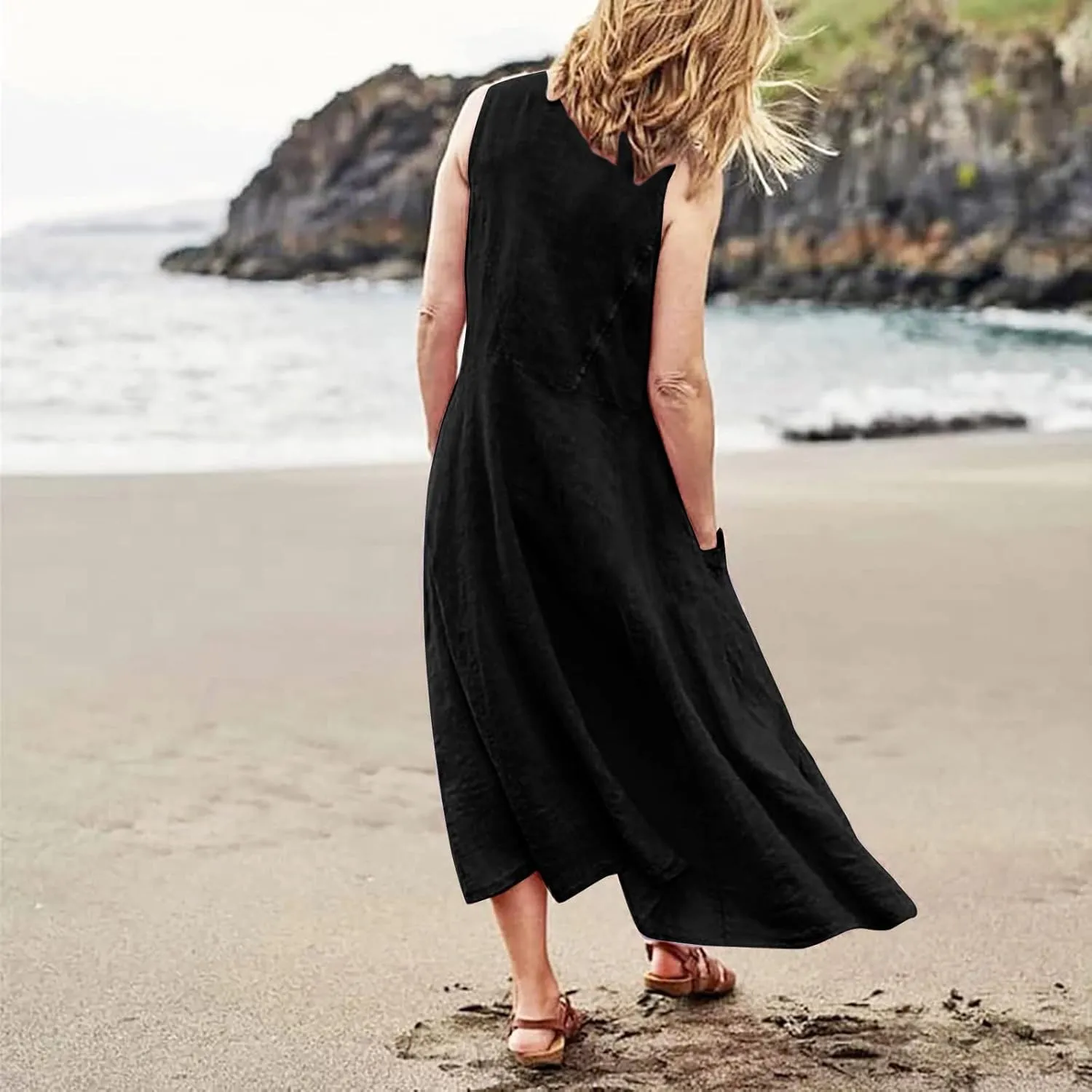 Women's Cotton Linen Long Dress Summer Sleeveless Flowy Maxi Dresses Plus Size Sundress with Pockets Beach Dress