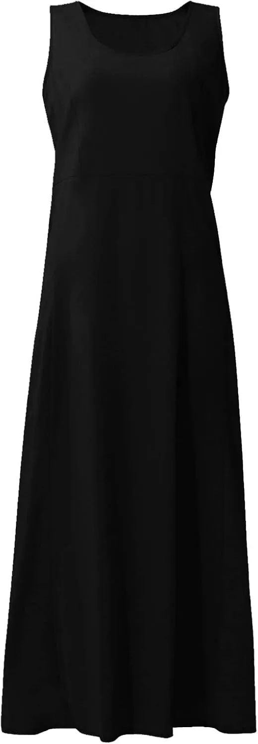 Women's Cotton Linen Long Dress Summer Sleeveless Flowy Maxi Dresses Plus Size Sundress with Pockets Beach Dress