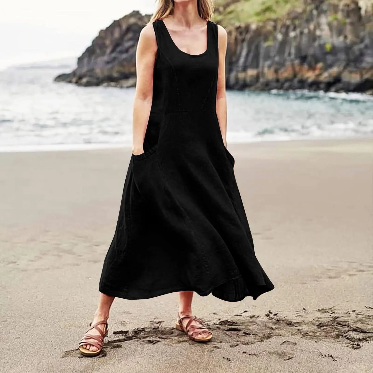 Women's Cotton Linen Long Dress Summer Sleeveless Flowy Maxi Dresses Plus Size Sundress with Pockets Beach Dress