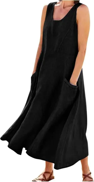Women's Cotton Linen Long Dress Summer Sleeveless Flowy Maxi Dresses Plus Size Sundress with Pockets Beach Dress